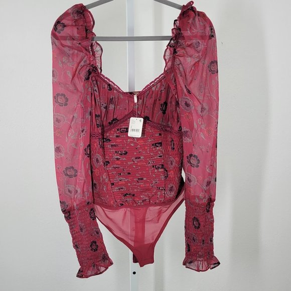 FREE PEOPLE brunch date floral print red combo bodysuit Sz S NEW - Picture 9 of 13